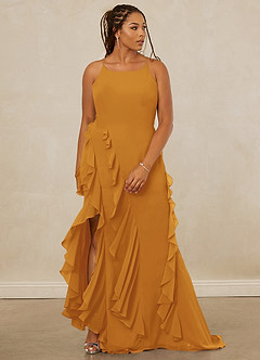 Christian Siriano Bridal for Azazie 1006 Bridesmaid Dresses Butterscotch Mermaid Ruched Chiffon Dress image10