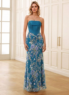 Julianna Peacock Blue Corset Rhinestone Sheer Lace Prom Dress image3