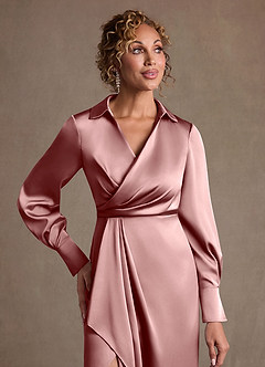 Azazie Jacinta Final Sale Dusty Rose Sheath Pleated Stretch Satin Dress image5