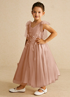 Azazie Minia Flower Girl Dresses Champagne Rose A-Line Bow Matte Satin Dress image5