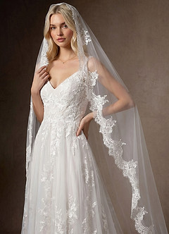 front Floral Lace Edge Two Tier Fingertip Wedding Veil with Blusher