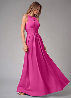 Azazie Bonnie Bridesmaid Dresses Fuchsia A-Line Pleated Stretch Satin Dress image4