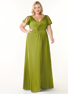 Azazie Soren Bridesmaid Dresses Lemongrass A-Line Pleated Stretch Satin Dress image8