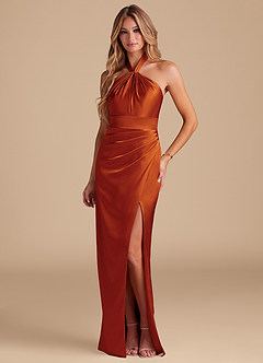 Azazie Zaya Bridesmaid Dresses Paprika Sheath Pleated Metallic Satin Dress image1