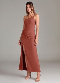 Azazie Eren 신부 들러리 드레스 인어 한쪽 어깨 쉬폰 발목 길이 드레스 image1