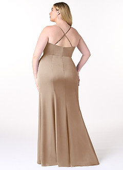 Azazie Marzia Bridesmaid Dresses Taupe Sheath Cowl Pleated Stretch Satin Dress image14