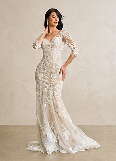 Azazie Neela Wedding Dresses Diamond White Sand Mermaid V-Neck Lace Tulle Dress image4