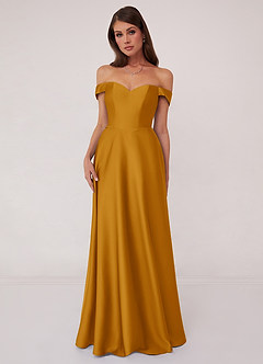 Barbie ♥ Azazie Robes de demoiselle d'honneur Robe Trapèze Convertible en Satin extensible Épaule décolletée Caramel écossais image1
