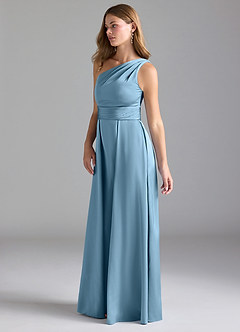 Azazie Dallas Vestidos de damas de honor Vestido de Azul Acero de Satén Elástico de Corte en A con Hombro unilateral image5