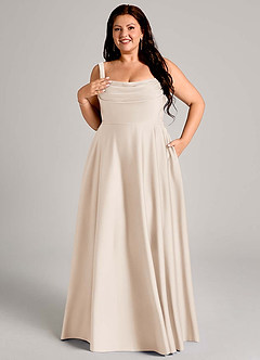 Azazie Shaude Vestidos de damas de honor Vestido de Alabastro Blanco de Satén Elástico de Corte en A con Plisado image11