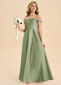 Azazie Sissy Junior Robe Trapèze en Satin extensible Épaule décolletée Vert Sauge image3