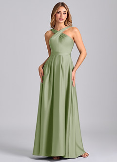 Azazie Dixie 신부 들러리 드레스 A라인 주름진 스트레치 새틴 바닥 길이 드레스 image4