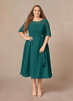 Azazie Naomi Kleider für die Brautmutter A-Linie Bootshals Gefaltet Chiffon Kleid Pfau image10