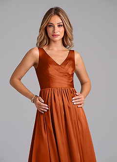 Azazie Keyla Bridesmaid Dresses Burnt Orange A-Line Pleated Stretch Satin Dress image3
