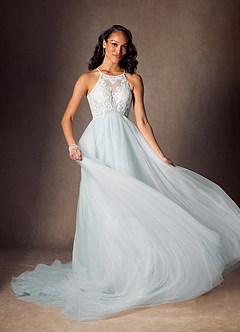 Azazie Odell At-home Try On Dresses Misty Blue A-Line Halter Sequins Tulle Dress image6