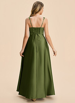 Azazie Azaria Junior Olive A-Line Pleated Stretch Satin Dress image2