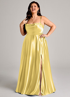 Azazie Elle Brautjungfernkleider A-Linie mit Taschen Metallischer Satin Kleid Kanarienvogel image3