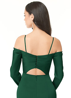 Azazie Hallie Bridesmaid Dresses Dark Green Sheath Off-The-Shoulder Long Sleeve Stretch Satin Convertible Dress image8