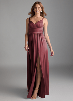 Azazie Chanel Bridesmaid Dresses Merlot A-Line Pleated Stretch Satin Dress image1