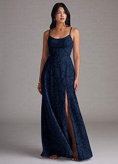 Azazie Moira Bridesmaid Dresses Dark Navy A-Line Side Slit Floral Burnout Dress image4
