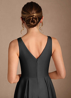 Azazie Fulton At-home Try On Dresses Black A-Line Pleated Stretch Satin Dress image6