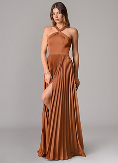 Azazie Afra Bridesmaid Dresses Copper A-Line Pleated Stretch Satin Dress image4