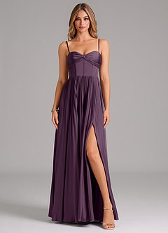 Azazie Akiko Bridesmaid Dresses Plum A-Line Sweetheart Neckline Stretch Satin Dress image1