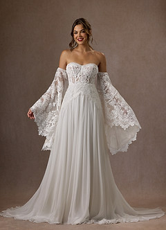 Azazie Rhya Probar vestidos en casa Vestido de Diamante Blanco de Encaje de Corte en A con Vestidos sin tirantes image9
