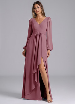 Azazie Liah Bridesmaid Dresses Vintage Mauve A-Line Long Sleeve Chiffon Dress image1
