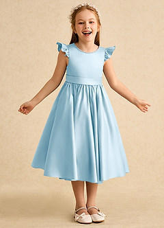Azazie Dumpling vestidos de niña de las flores Vestido de Azul Cielo de Satin Mate de Corte En A con Lazo image2