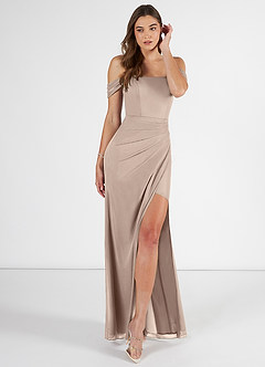 Azazie Kit Bridesmaid Dresses Taupe Mermaid Off the Shoulder Mesh Dress image1