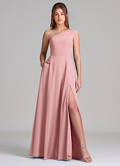 Azazie Melanie Robes de demoiselle d'honneur Robe Trapèze en Mousseline de soie Épaule décolletée Rose Poussiéreuse image1