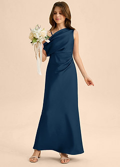 Azazie Emerson Junior Vestido de Azul Marino Oscuro de Satén Elástico de Corte Recto con Vestidos sin tirantes image1