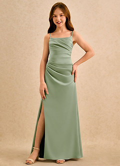 Azazie Cannoli Girls Formal Flower Girl Dresses Dusty Sage A-Line Pleated Stretch Satin Dress image3