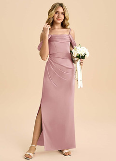 Azazie Saige Junior Osłona Zza ramienia Satyna elastyczna Długość podłogi Młodsza druhna Sukienka image4