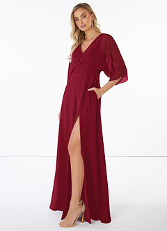 Azazie Rebecca Bridesmaid Dresses A-Line V-Neck Long Sleeve Chiffon Floor-Length Dress image3