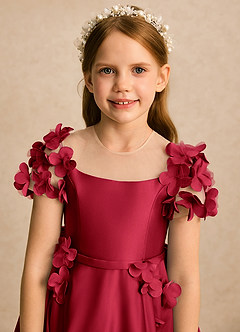 Azazie Charity vestidos de niña de las flores Vestido Escarlata de Satin Mate de Línea A con con mangas image5