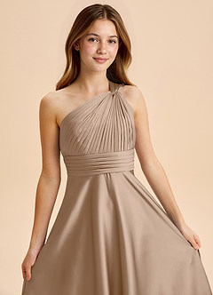 Azazie Charlize Junior Taupe A-Line Pleated Stretch Satin Dress image6