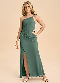 Azazie Eren Junior Vestido Musgo Marinho de Chiffon de Linha A com Plissado image2