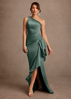 Azazie Yvette Mother of the Bride Dresses Sea Moss Sheath One Shoulder Stretch Satin Dress image3