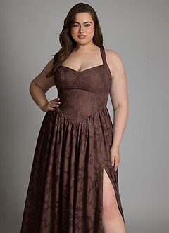 Azazie Francis At-home Try On Dresses Dark Navy A-Line Corset Floral Burnout Dress image11