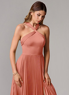 Azazie Afra Abiti da Damigella Abito A-Line in Raso Elasticizzato Plissettato Salmone Rosa image5