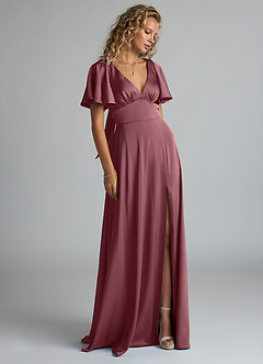 Azazie Kimber Bridesmaid Dresses Desert Rose A-Line Ruched Stretch Satin Dress image4