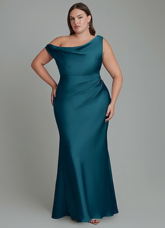 Azazie Emerson Bridesmaid Dresses Ink Blue Mermaid Off the Shoulder Stretch Satin Dress image8