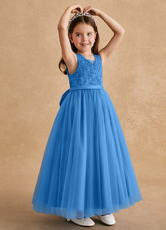 Azazie Cinna Flower Girl Dresses Blue Jay A-Line Lace Tulle Dress image3