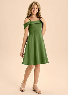 Azazie Anselie Junior Jurk van Stretch Satijn met A-Lijn Geplooid Jeneverbes image6