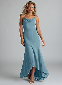 Azazie Summer Bridesmaid Dresses Moody Blue Mermaid Scoop Cowl Chiffon Dress image4