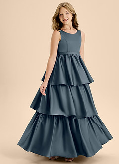 Azazie Meadowyn Junior Vestido de Crepúsculo de Satén Elástico de Corte En A con Lazo image3
