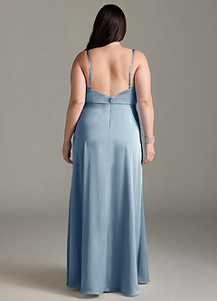 Azazie Brielle Bridesmaid Dresses Dusty Blue A-Line Cowl Spaghetti Straps Stretch Satin Dress image7