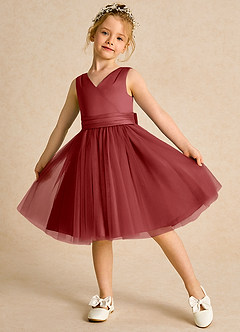 Azazie Tadpole Flower Girl Dresses Rust A-Line Pleated Matte Satin Dress image4